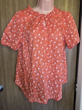 Floral Shirt Boho Orange Peasant  Cottagecore SS Blouse Petite LP Large Talbots